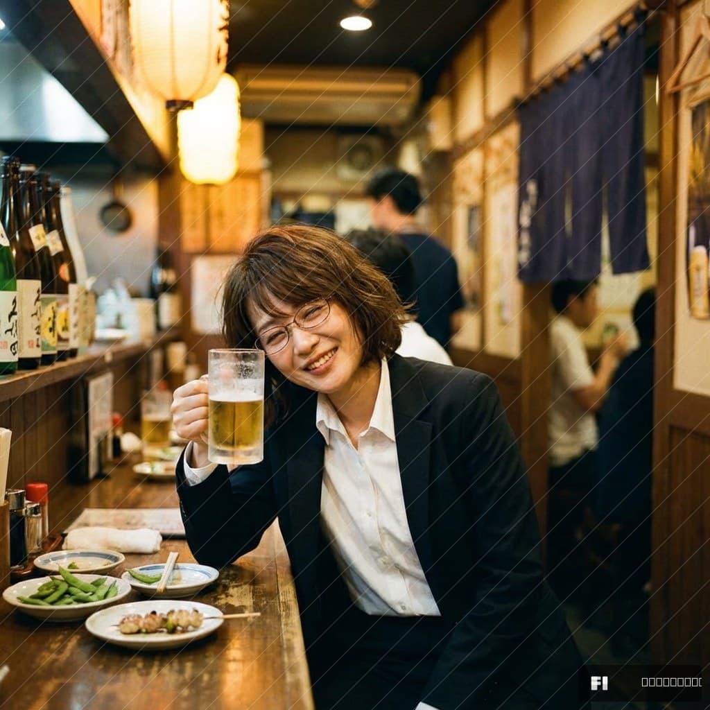 居酒屋の夜 — メガネOL・仕事終わり(ナノバナナPro)