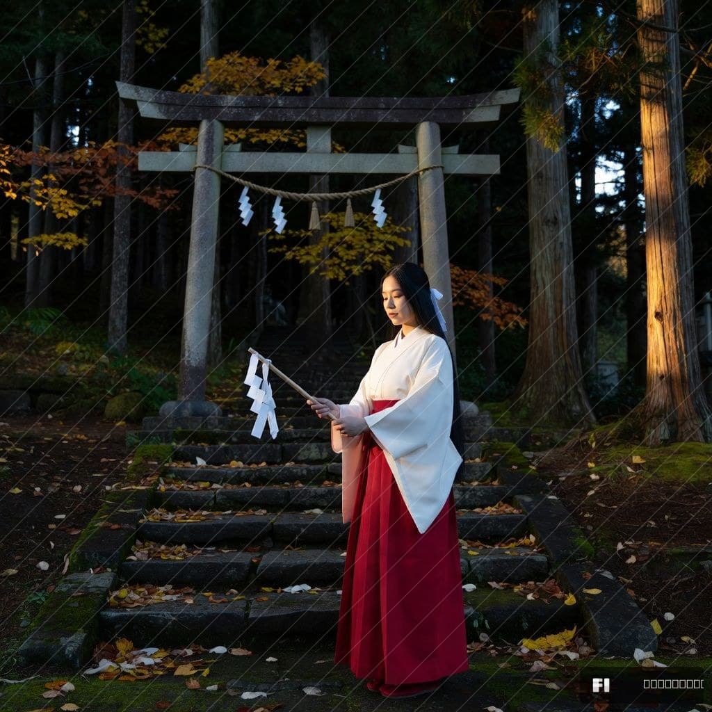 Shrine Maiden at Forest Shrine — Golden Hour