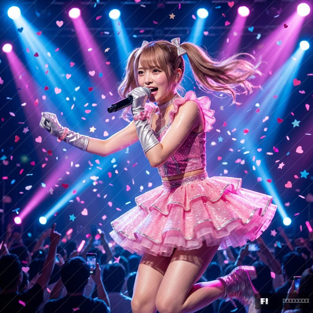 アイドルステージパフォーマンス — コンサートライトとコンフェッティ