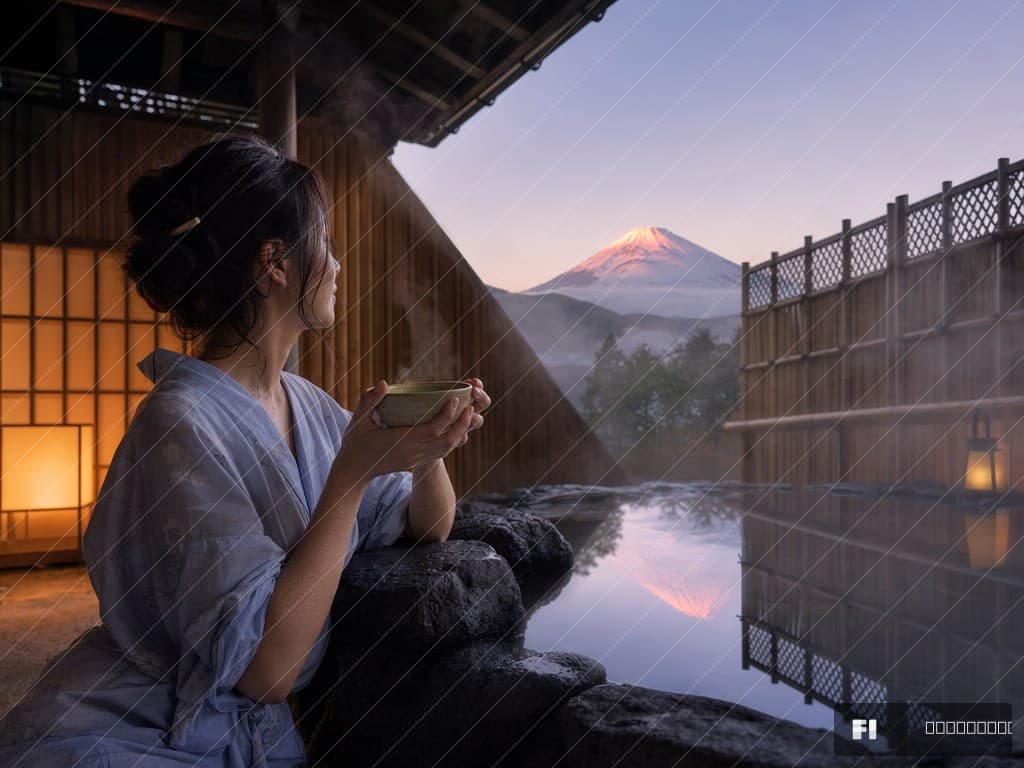 温泉旅館の朝 — 富士山露天風呂